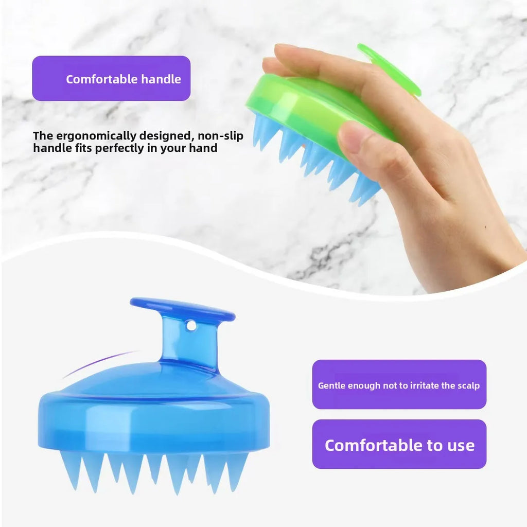 Blue silicone scalp massager on a bright bathroom counter