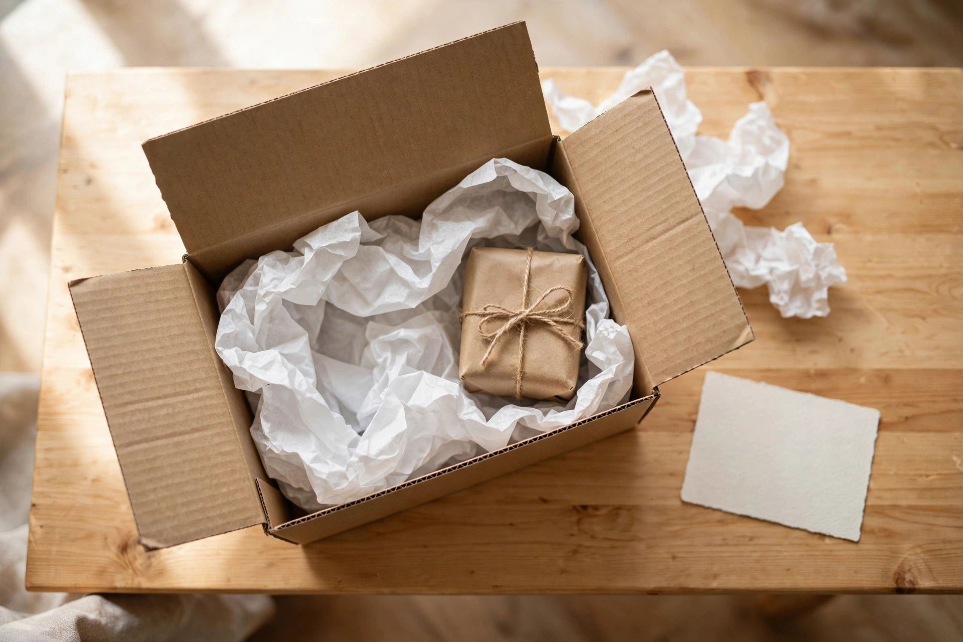 Pleeva brand story - opened shipping box with tissue paper in warm light