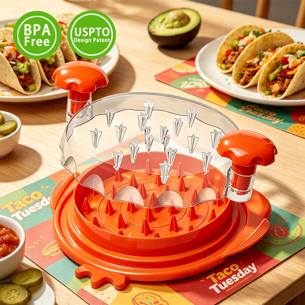 Orange chicken shredder on a bright kitchen counter with tacos
