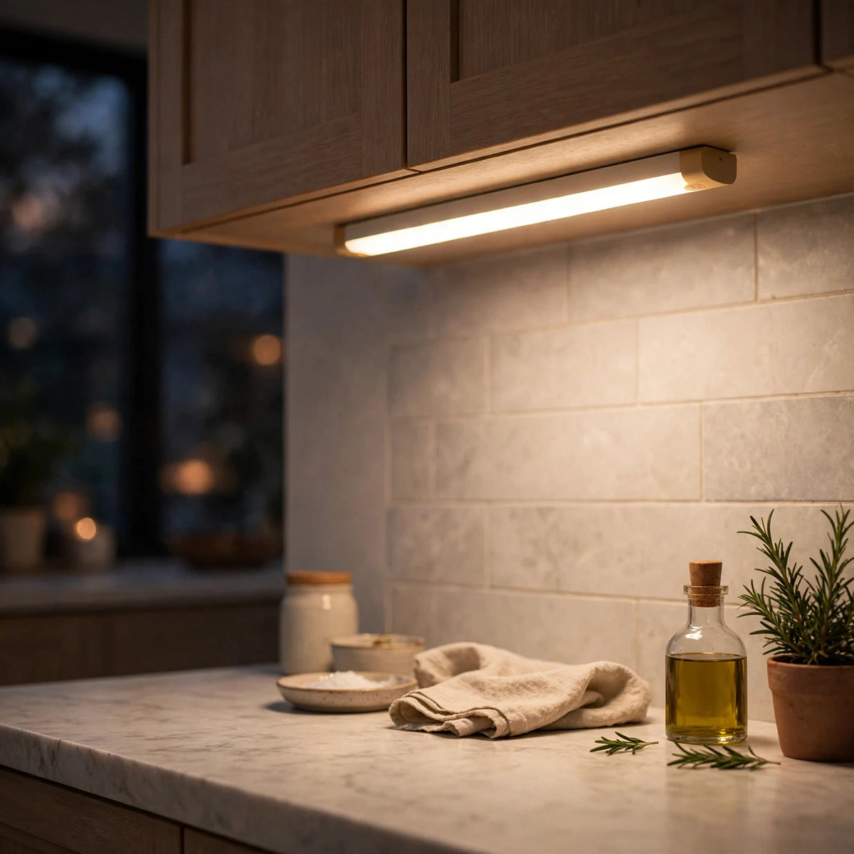 LED bar light mounted under a kitchen cabinet, glowing over the countertop