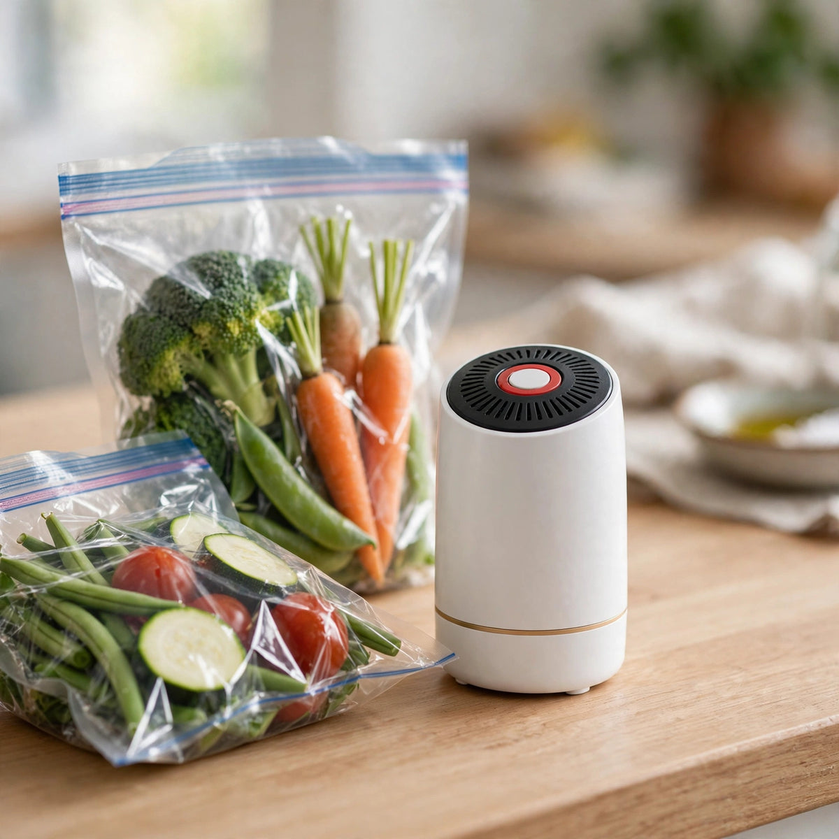 Handheld vacuum sealer pump sealing a vacuum food bag