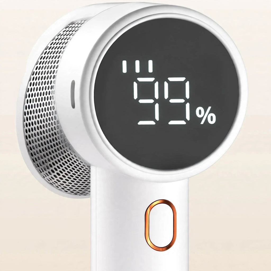 Close-up of LED battery display, copper power button and perforated blade cover