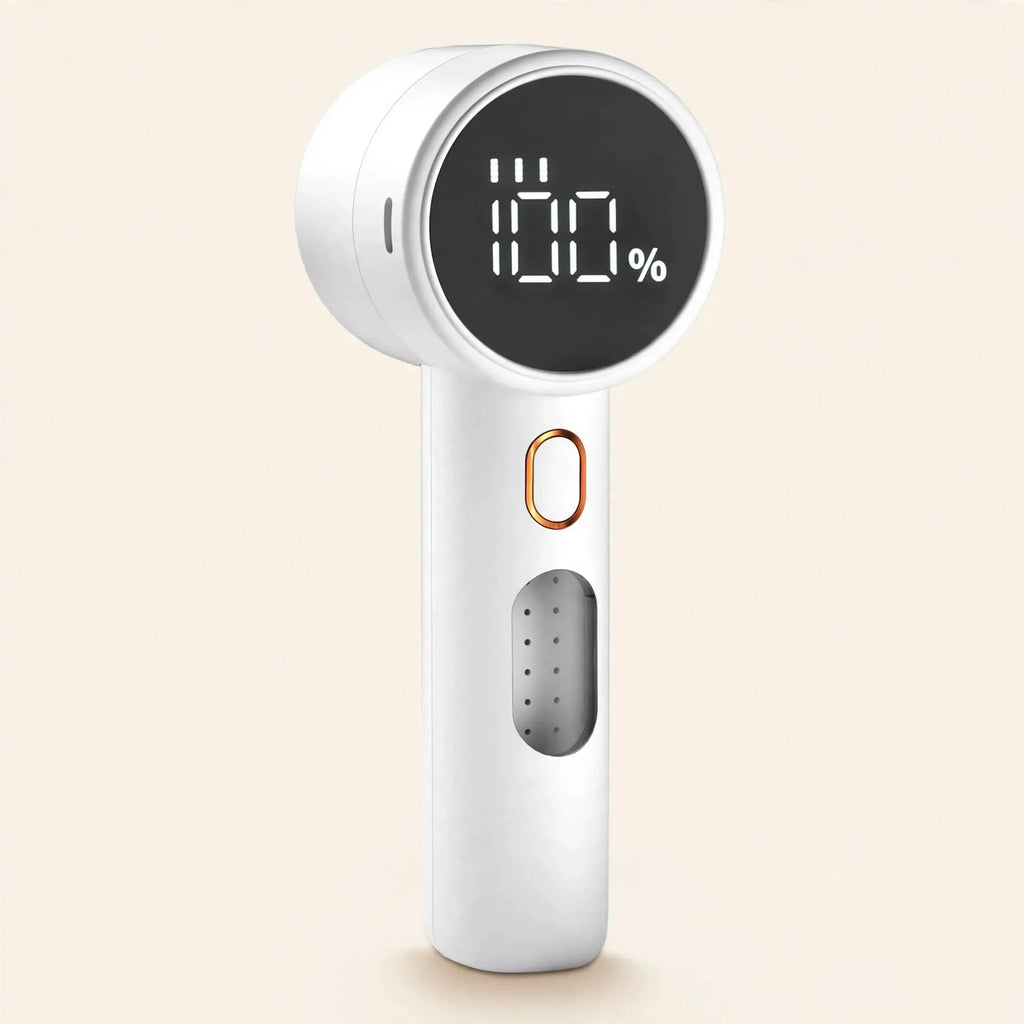 White rechargeable fabric shaver with LED battery display — studio hero shot