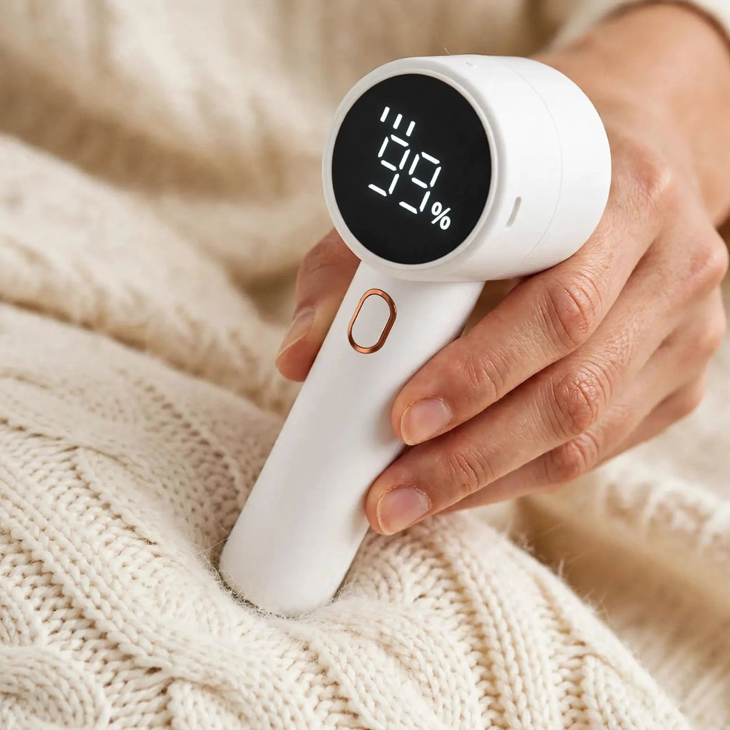 Fabric shaver with LED display in use on a cream knit sweater