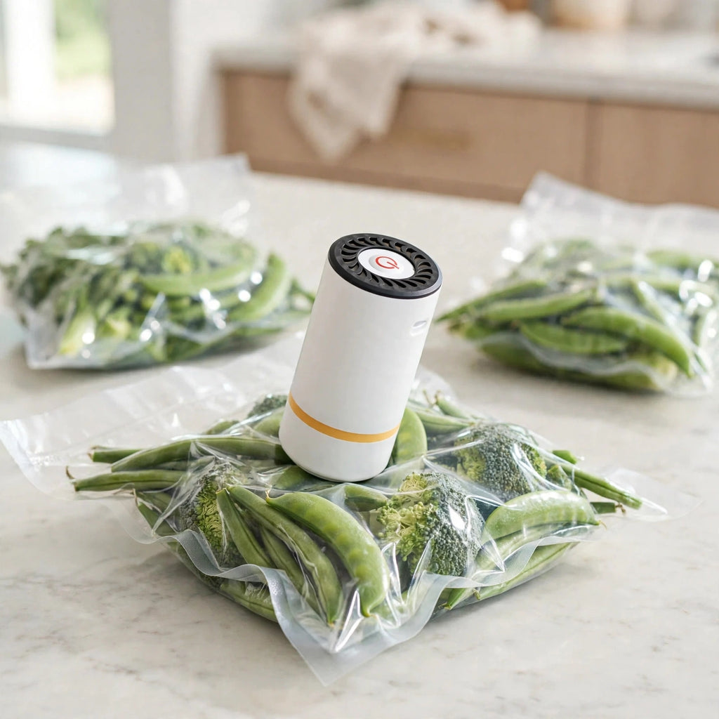Vacuum pump sealing a bag of fresh vegetables on a kitchen counter