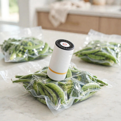 Vacuum pump sealing a bag of fresh vegetables on a kitchen counter